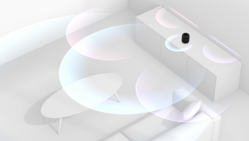 HomePod in white room, with waves in the air indicating sound.